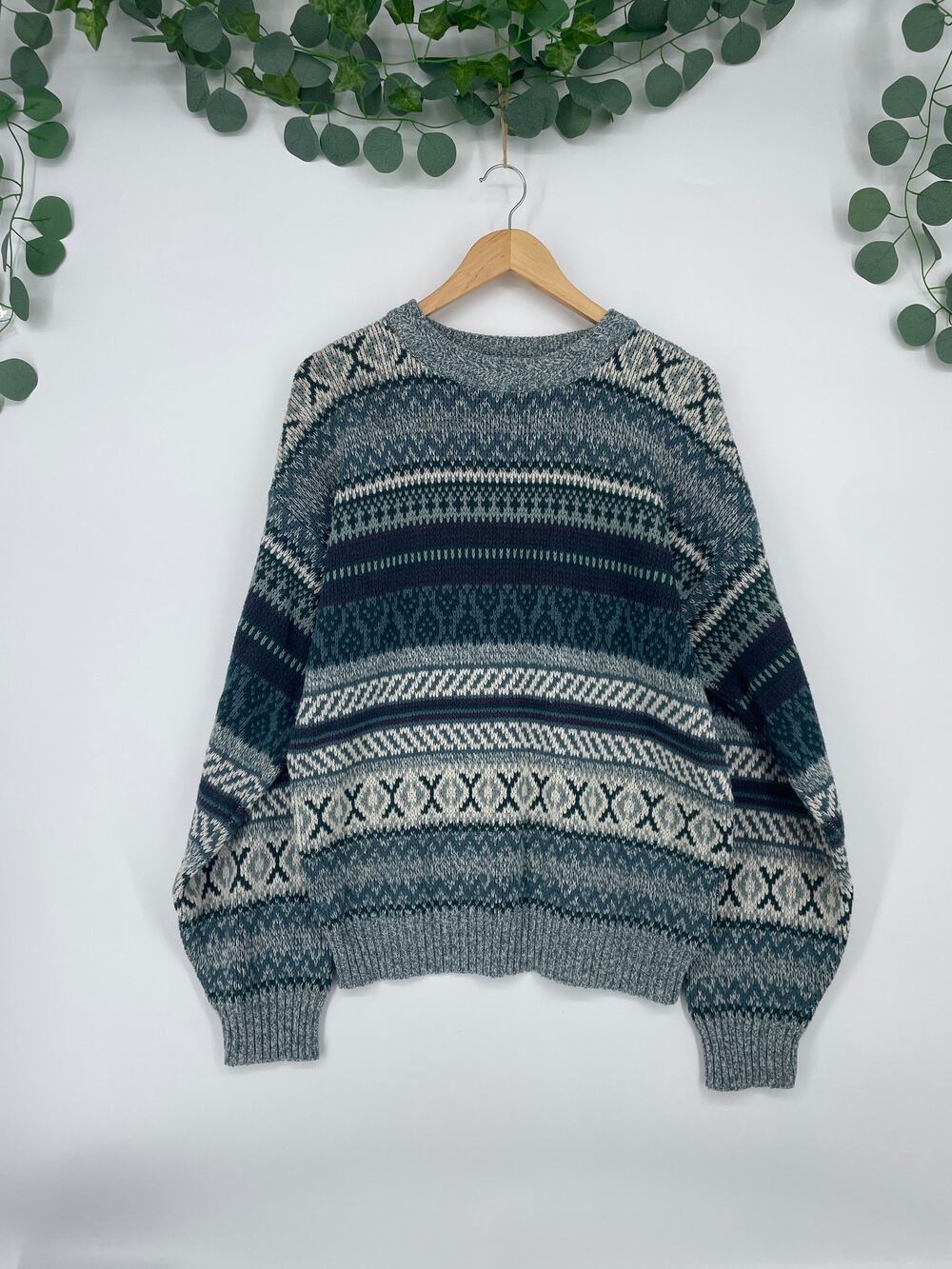 Vintage 80's Sears Mens Store Geometric Sweater Green Blue Grey Made in Korea L